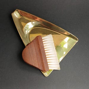 Vintage Gold Plated Brass Dustpan and Brush with acacia wooden handle.. Crumb Catcher, Quiet Butler. Vintage accessory for your table