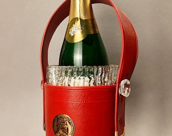 Vintage ijsemmer met handvat, rood kunstleer servies, verwijderbaar glazen inzetstuk, champagneemmer, bardecor uit het midden van de eeuw