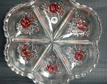 Vintage round crystal glass tray with floral pattern. Crystal Dish.Original Walterglas. Made in the middle of the last century, West Germany