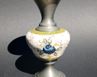 Vintage Rein Zinn Pewter Vase 95% Tin | Mid Century European Pewter Vase | Hand Painted Ceramic Insert | 6 Inch Decorative Vase