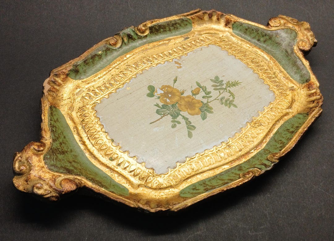 Vintage Florentine Wooden Tray 12.25” – Italian Tole Style Gold & Green ...