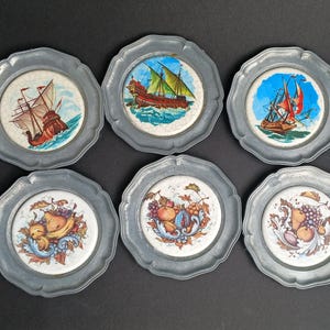 Vintage pewter Coasters, set of 6, with Ceramic Pattern Insert