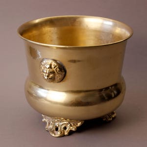 Vintage Brass Planter Cachepot – Lion Head Handles – Ornate Footed Brass Jardiniere - 6"