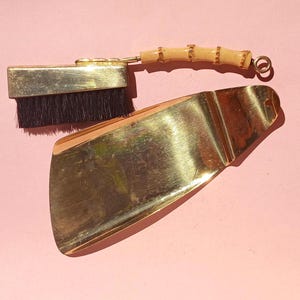 Vintage Table Sweeping Set, 2 Piece  - Dinner Broom and Dustpan for Dining Table and Kitchen - Bamboo and Brass -  Black Gold. 50s.
