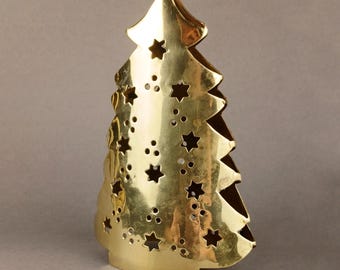 Vintage Brass Christmas Tree Candle Cover, Tealight Shade, Pierced Star Lantern, Mid Century Holiday Decor, 1960s Table Ornament