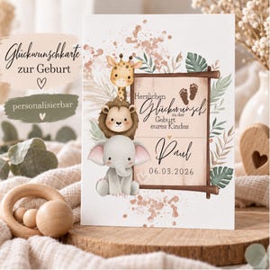 Personalized birth announcement card with name and date – Safari card with giraffe, lion & elephant – A6 postcard or folded card