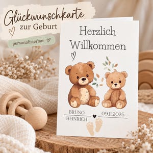 Personalized birth announcement card with name & date | Teddy baby card A6 | Postcard or folded card