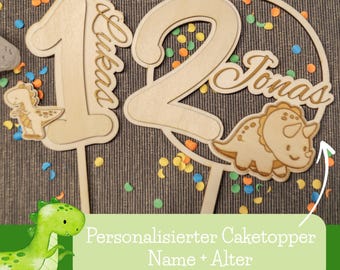 Dinosaur Cake Topper for Birthdays | Personalized with Name & Number 1-9 | Wooden Cake Topper for Children's Birthday Parties, Dinosaur Decoration