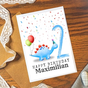 Cartão de aniversário para criança com dinossauro para 2º aniversário de 1 a 9 anos | Personalização Nome Idade | Feliz aniversário | Dinossauro T-Rex