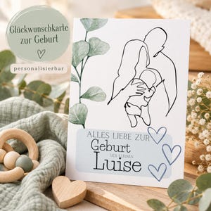 Personalized birth announcement card with name – card for birth with family & eucalyptus – A6 postcard or folded card