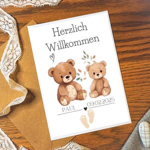 Personalisierte Karte zur Geburt mit Teddybären | Name und Datum personalisierbar| Süße Glückwunschkarte in A6 zur Geburt eines Kindes