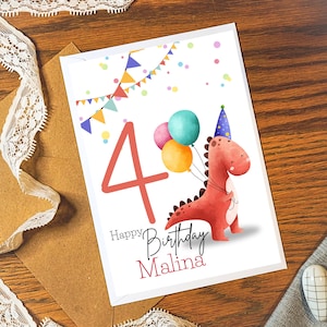 Biglietto di auguri di compleanno per bambini con dinosauro per il 4° compleanno 1-9 anni | Personalizzazione Nome Età | Buon compleanno | Dinosauro T-Rex