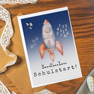 Karte zur Einschulung mit Raketenmotiv | Personalisierte Postkarte Klappkarte zum Schulstart eines Kindes | Weltraum Raketen Schulkind