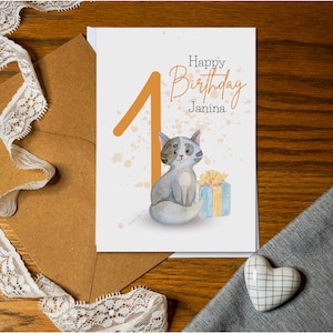 Birthday card for a child with a cat for their 1st birthday (1-9 years old) | Personalisation with name and age | Happy Birthday | Cat balloons and gifts