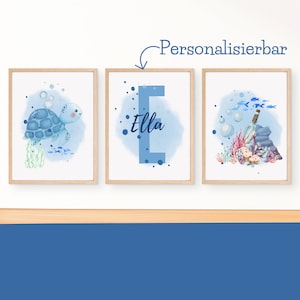 Meerestiere Poster Kinderzimmer personalisiert – Aquarell Wandbilder mit Name – Geschenk zur Geburt oder Taufe – A4/A3 ohne Rahmen