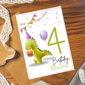 Cartão de aniversário para criança com dinossauro para o 4º aniversário de 1 a 9 anos | Personalização Nome Idade | Feliz aniversário | Dinossauro T-Rex