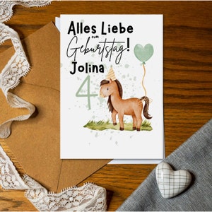 Geburtstagskarte Kind mit Pferd zum 4. Geburtstag 1-9 Jahre | Personalisierung Name Alter | Happy Birthday | Pferde Luftballons Geschenke