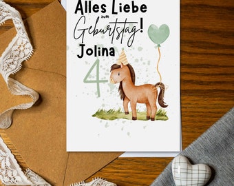 Birthday card child with horse for 4th birthday 1-9 years | Personalization Name Age | Happy Birthday | Horses Balloons Gifts