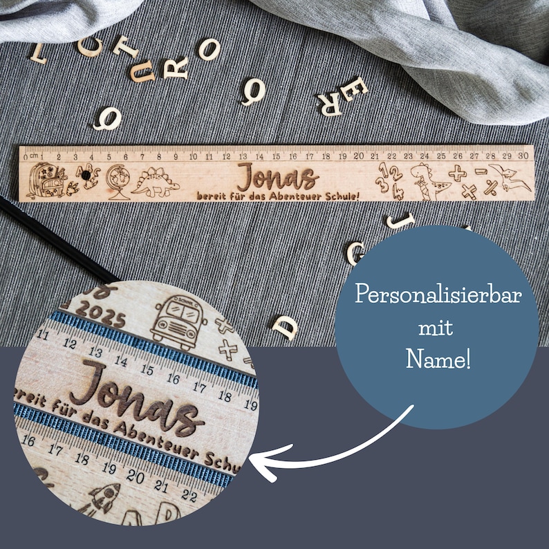 May include: A wooden ruler with a school bus, dinosaur, and other illustrations. The ruler is personalized with the name "Jonas" and the text "bereit f&uuml;r das Abenteuer Schule!" (ready for the adventure school!).