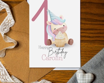 Birthday card child with unicorn for 1st birthday 1-9 years | Personalization name age | Happy Birthday | Unicorns rainbow gifts