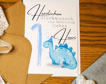 Birthday card for a child with a dinosaur for their 1st birthday (1-9 years old) | Personalisation with name and age | Happy Birthday | Dinosaur T-Rex