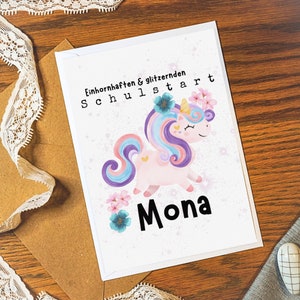 Karte zur Einschulung mit Einhorn | Personalisierte Postkarte Klappkarte zum Schulstart eines Kindes | Name Schule 1.Klasse