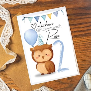 Cartão personalizado de 2º aniversário coruja de 1 a 9 anos | Aniversário das crianças | Feliz aniversário | Cartão de aniversário para crianças | Animais da floresta