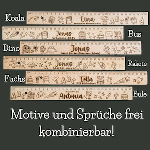 May include: Five wooden rulers with different designs and names. The rulers are 30 inches long and feature various illustrations, including animals, school supplies, and letters. The names on the rulers are Lina, Jonas, Jonas, Jonas, and Antonia.