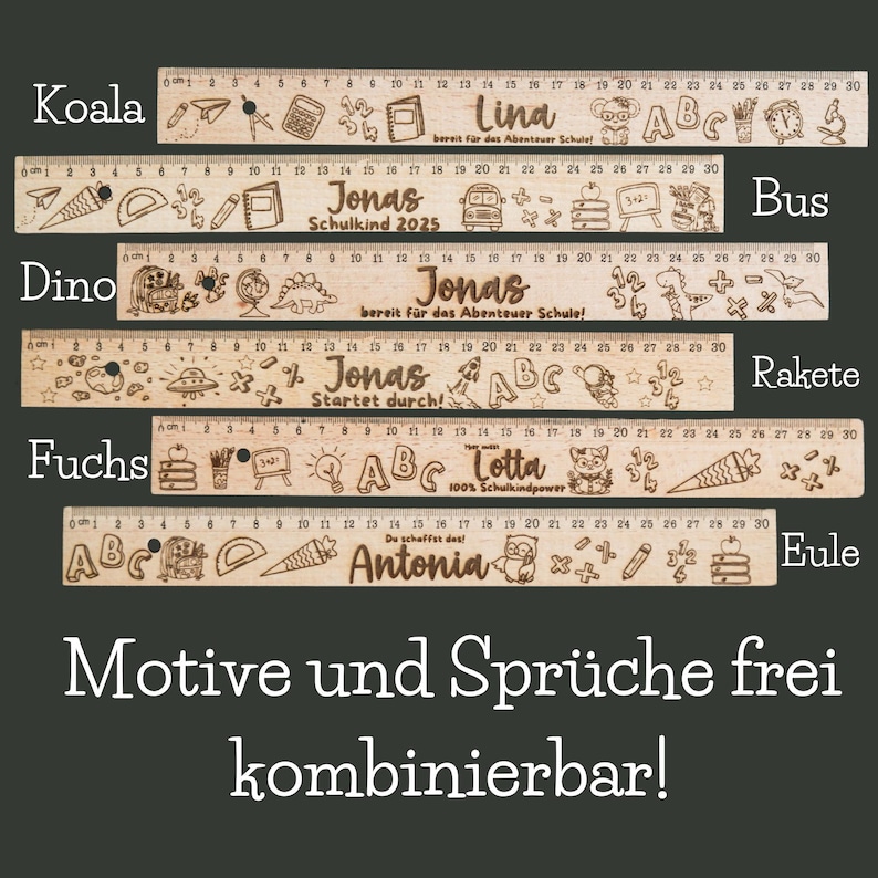 May include: Five wooden rulers with different designs and names. The rulers are 30 inches long and feature various illustrations, including animals, school supplies, and letters. The names on the rulers are Lina, Jonas, Jonas, Jonas, and Antonia.