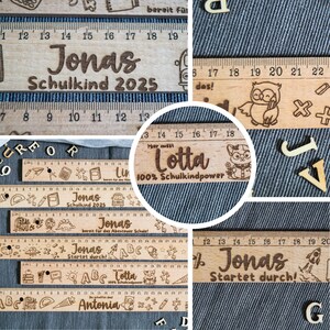 May include: A set of wooden rulers with personalized names and school-themed designs. The rulers feature names like Jonas and Lotta, along with phrases like "Schulkind 2025" and "100% Schulkindpower".