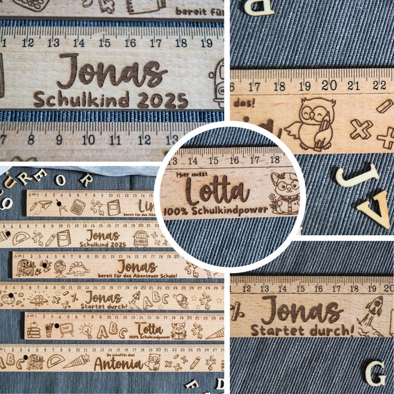 May include: A set of wooden rulers with personalized names and school-themed designs. The rulers feature names like Jonas and Lotta, along with phrases like "Schulkind 2025" and "100% Schulkindpower".