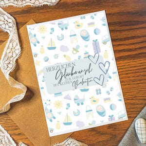 Personalisierte Karte zur Geburt mit Babyspielzeug Motiven | Name und Datum personalisierbar| Glückwunschkarte in A6 zur Geburt eines Kindes