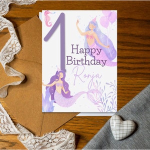 Cartão de aniversário infantil com sereia para 1º aniversário 1-9 anos | Personalização Nome Idade | Feliz Aniversário | Presentes de criaturas marinhas