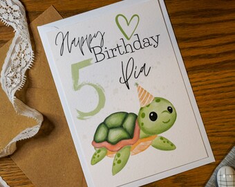 Birthday card for a child with a turtle for their 5th birthday (1-9 years old) | Personalisation with name and age | Happy Birthday | Children&#39;s birthday animal