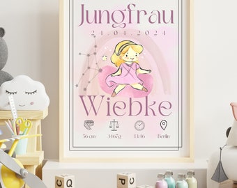 Personalisierbares Poster Kind Baby Geburt Sternzeichen Virgo Wanddeko Kinderzimmer Dekoration Datum Geschenk Mutter A5 A4 A3