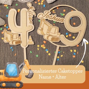 May include: Wooden cake toppers featuring the numbers 4 and 9, with the names "Lilian" and "Joshua" in cursive script. Each number has a detailed excavator design. The toppers are made of light-colored wood and are suitable for a birthday celebration.