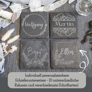 Gepersonaliseerde leisteen onderzetters met persoonlijke gravure | Plaatskaartjes voor verjaardagen of bruiloften | Gastgeschenk naamkaartjes tafeldecoratie