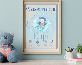 Personalisierbares Poster Kind Baby Geburt Sternzeichen Wassermann Wanddeko Kinderzimmer Dekoration Datum Geschenk Mutter A5 A4 A3