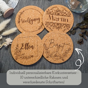 Gepersonaliseerde kurken onderzetters met persoonlijke gravure | Plaatskaartjes voor verjaardagen of bruiloften | Gastgeschenk naamkaartjes tafeldecoratie