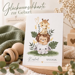 Personalized birth announcement card Safari – greeting card with name & date of birth, A6 postcard or folded card