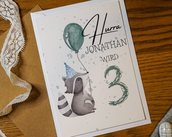 Personalized 3rd Birthday Card Raccoon 1-9 Years | Children&#39;s Birthday | Happy Birthday | Birthday Card for Children | Forest Animals