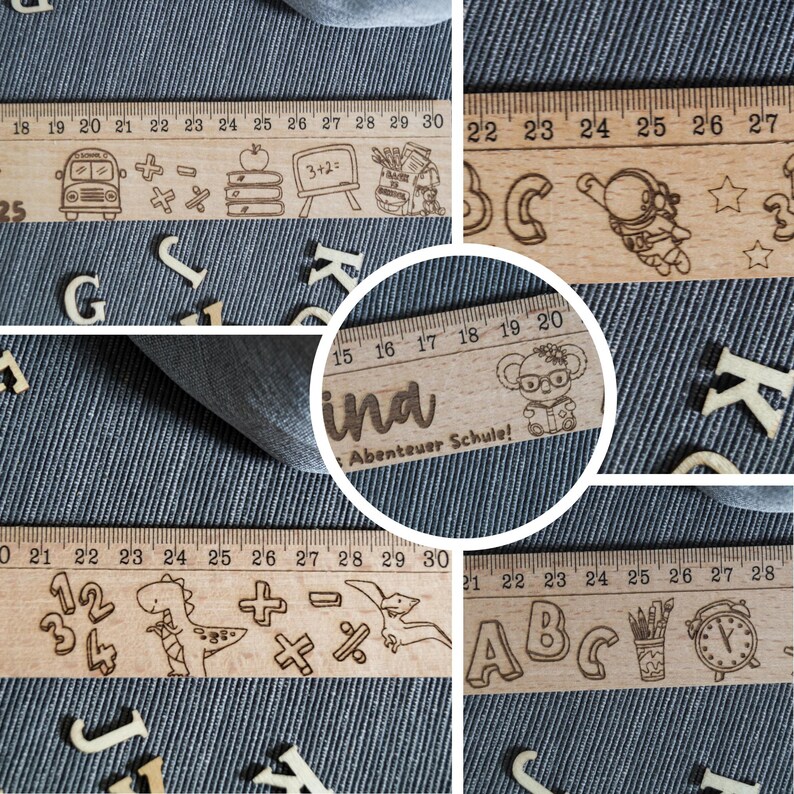 May include: Five wooden rulers with different designs. The rulers are all 30 cm long and have different designs, including a school bus, a dinosaur, an astronaut, a koala, and letters of the alphabet. The rulers are made of natural wood and have a light brown color.