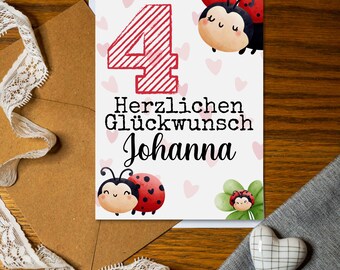 Birthday card for a child with a ladybug, suitable for ages 1-9 | Personalized with name and age | Happy Birthday | Balloons and gifts