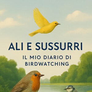 Può includere: Illustrazione di copertina del libro con il titolo "ALI E SUSURRI" e il sottotitolo "IL MIO DIARIO DI BIRDWATCHING". L'immagine presenta uccelli, tra cui un uccello giallo in volo, e altri appollaiati su un ramo.