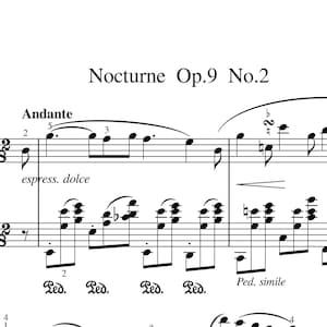以下が含まれることがあります： ショパンのノクターン作品9第2番の楽譜。白い背景に音符が記されています。タイトルと作曲者の名前が上部にあります。楽譜にはト音記号とヘ音記号があり、音符とダイナミックな指示が含まれています。