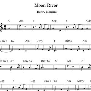 May include: Musical score for "Moon River" by Henry Mancini. The sheet music is printed on a white background with black notation. The title and composer are at the top. The notes are arranged on a stave.