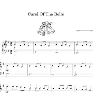 Könnte beinhalten: Notenblatt für das Lied "Carol Of The Bells" von Mykola Leontovych. Die Musik ist in Violinschlüssel geschrieben und enthält Noten für die rechte und linke Hand.