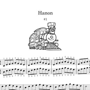 May include: Black and white illustration of a cartoon train above musical notes. The word "Hanon" and the number "1" are above the train. Musical notation with numbered fingerings is below the train.
