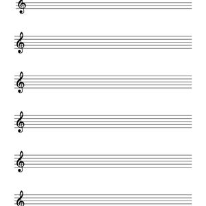 May include: Blank sheet music with six lines and a treble clef at the beginning of each line.