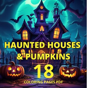 Halloween coloring, adult and child, pumpkin and haunted house